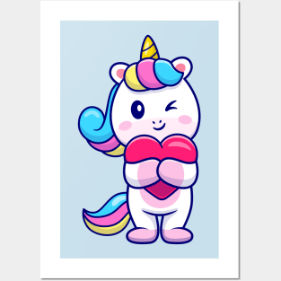 Cute Unicorn Holding Heart Cartoon Posters and Art